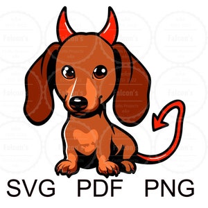 Könnte beinhalten: Eine Cartoon-Illustration eines braunen Dackels mit roten Teufelshörnern und einem Schwanz. Der Hund sitzt mit gekreuzten Beinen und hat einen schelmischen Gesichtsausdruck.