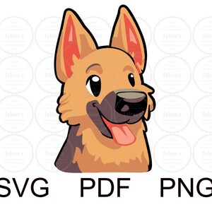 Könnte beinhalten: Eine Cartoon-Illustration eines Deutschen Schäferhundes mit braunem und braunem Fell, großen braunen Augen und einer rosa Zunge, die herausstreckt. Der Hund schaut nach rechts im Bild.