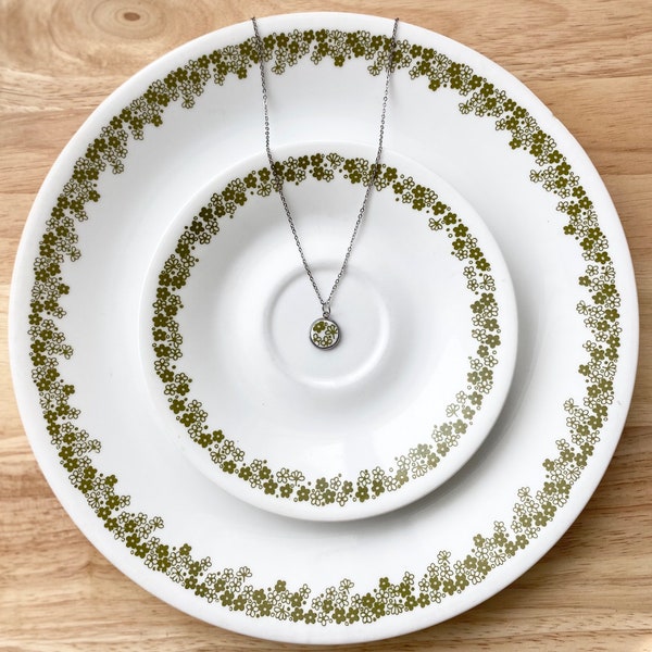 Crazy Daisy Green Handcrafted Pendant Necklace | Upcycled Childhood Corelle Plate Jewelry
