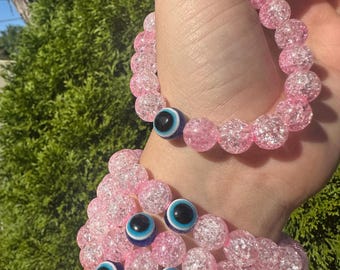 Pink Evil Eye Bracelet, Stretch Beaded Bracelet, Protection Bracelet, Greek Mati Jewelry, Handmade Evil Eye Jewelry