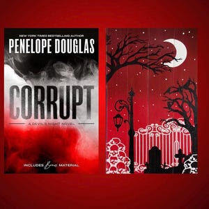 May include: Book cover for "Corrupt" by Penelope Douglas, a Devil's Night novel. The cover features a red and black background with smoke and the title "Corrupt" in bold black letters. The author's name is in white letters on a black background.