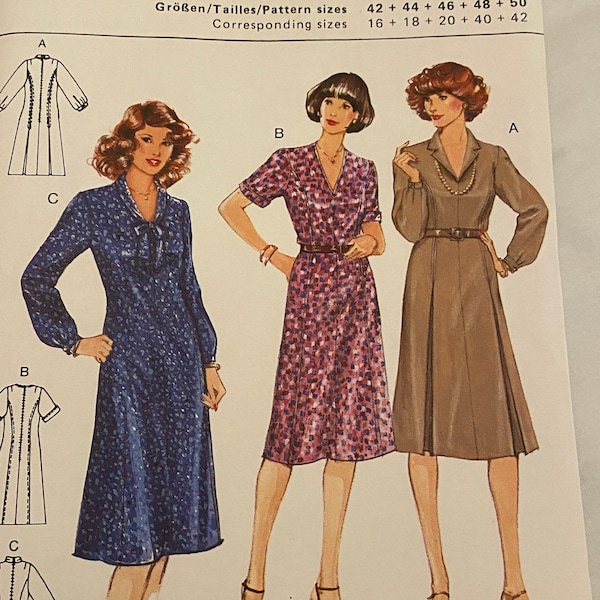 Women’s dress pattern knee length flounced notched collar/ lapel, tie neckline Size 16- 20. UNCUT Burda 8814