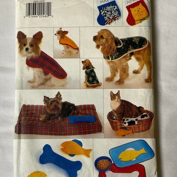 Pet Accessories Christmas stocking, placemat, Dog coat sizes XS- L. Dog bed sizes S-L with removable cover. UNCUT Butterick 4226.