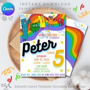 May include: A colorful birthday invitation featuring characters from the children's show "Counting On You". The invitation is for Peter's 5th birthday party, which will be held on June 15, 2024, from 2:00 PM to 5:00 PM at the celebrant's home. The invitation includes the address and RSVP information.