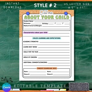 May include: A printable, editable template titled "Tell Me About Your Child" in a US Letter size (8.5" x 11"). The design features a corkboard-style background with sections for student information, characteristics, and parent/guardian details. Includes the text "Instant Download".
