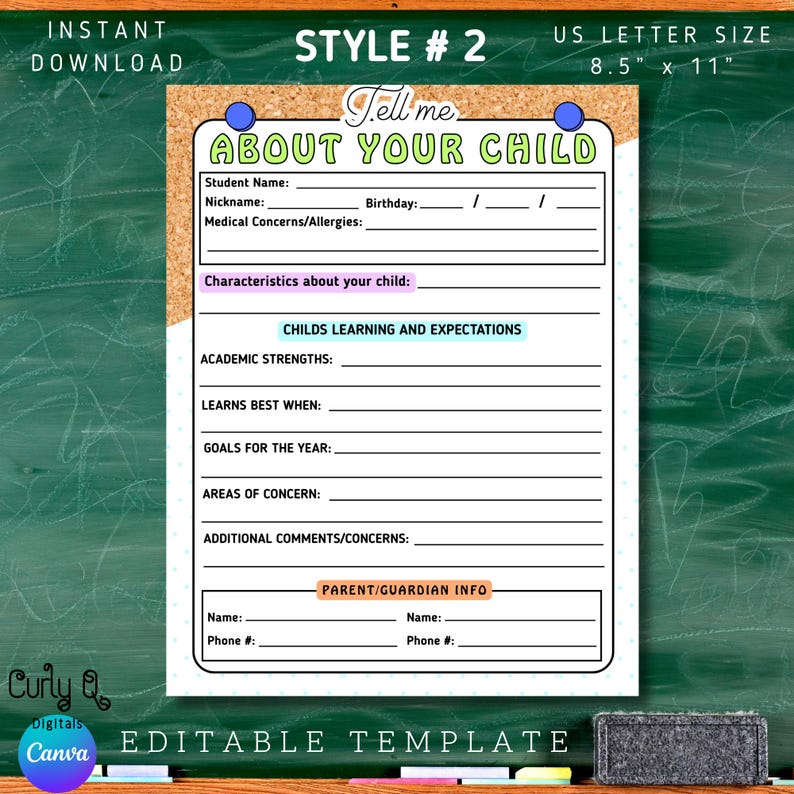 May include: A printable, editable template titled "Tell Me About Your Child" in a US Letter size (8.5" x 11"). The design features a corkboard-style background with sections for student information, characteristics, and parent/guardian details. Includes the text "Instant Download".