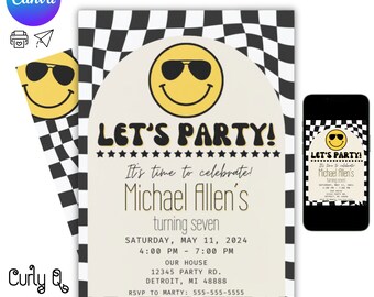 Puede incluir: Un fondo a cuadros blanco y negro con una cara sonriente amarilla que lleva gafas de sol. El texto "Let's Party!" está en una fuente retro. El texto "It's time to celebrate! Michael Allen's turning seven" está en negro. El texto "Saturday, May 11, 2024 4:00 PM - 7:00 PM Our House 12345 Party Rd. Detroit, MI 48888 RSVP to Marty: 555-555-5555" está en negro. El texto "Editable Canva Template Including Back Design" está en negro.