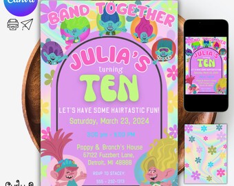 May include: A purple and green birthday invitation with a rainbow background. The invitation features a cartoon image of the Trolls characters and the text "Band Together Julia's Turning Ten". The invitation includes the date, time, and location of the party. The back of the invitation features a colorful, abstract design.