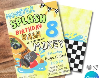 Invitación a fiesta en la piscina de Monster Truck: Cumpleaños con tobogán acuático (Plantilla digital)