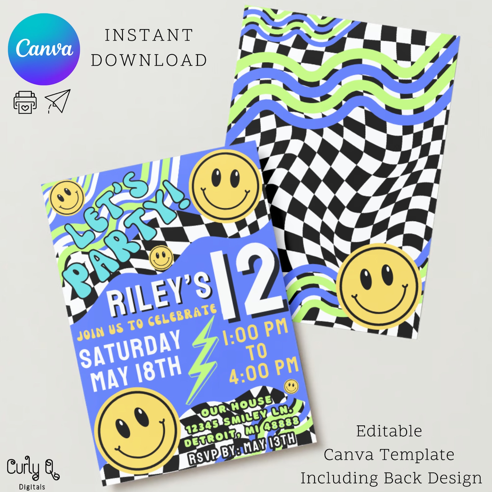 Editable Retro Smiley Invitation Template Let's Party Smiley Invite ...