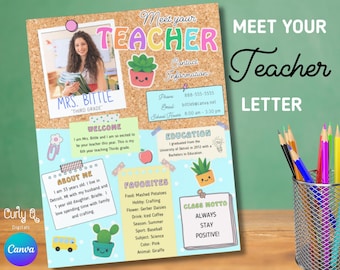 May include: A Back to School editable template with a teacher's introduction. The design features a photo of the teacher, contact information, and a section about the teacher's favorites. The template includes the text "Meet Your Teacher Letter".