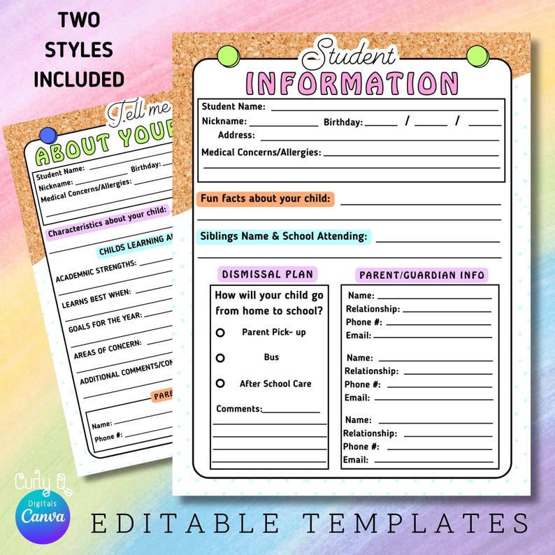 Editable Student Information Sheet Student Information Form Bus Rider ...