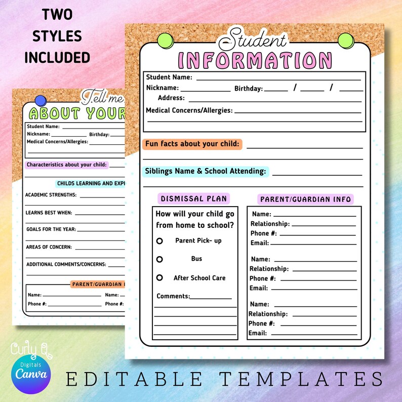 May include: Two editable student information templates. One template is titled "Tell Me About Your" and the other is titled "Student Information". Both templates include fields for student name, nickname, birthday, and medical concerns.