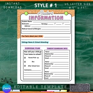 May include: A printable student information sheet with a corkboard-style background. The template includes fields for student details, medical concerns, and parent/guardian information. The document is US Letter size, 8.5" x 11", and is an instant download.