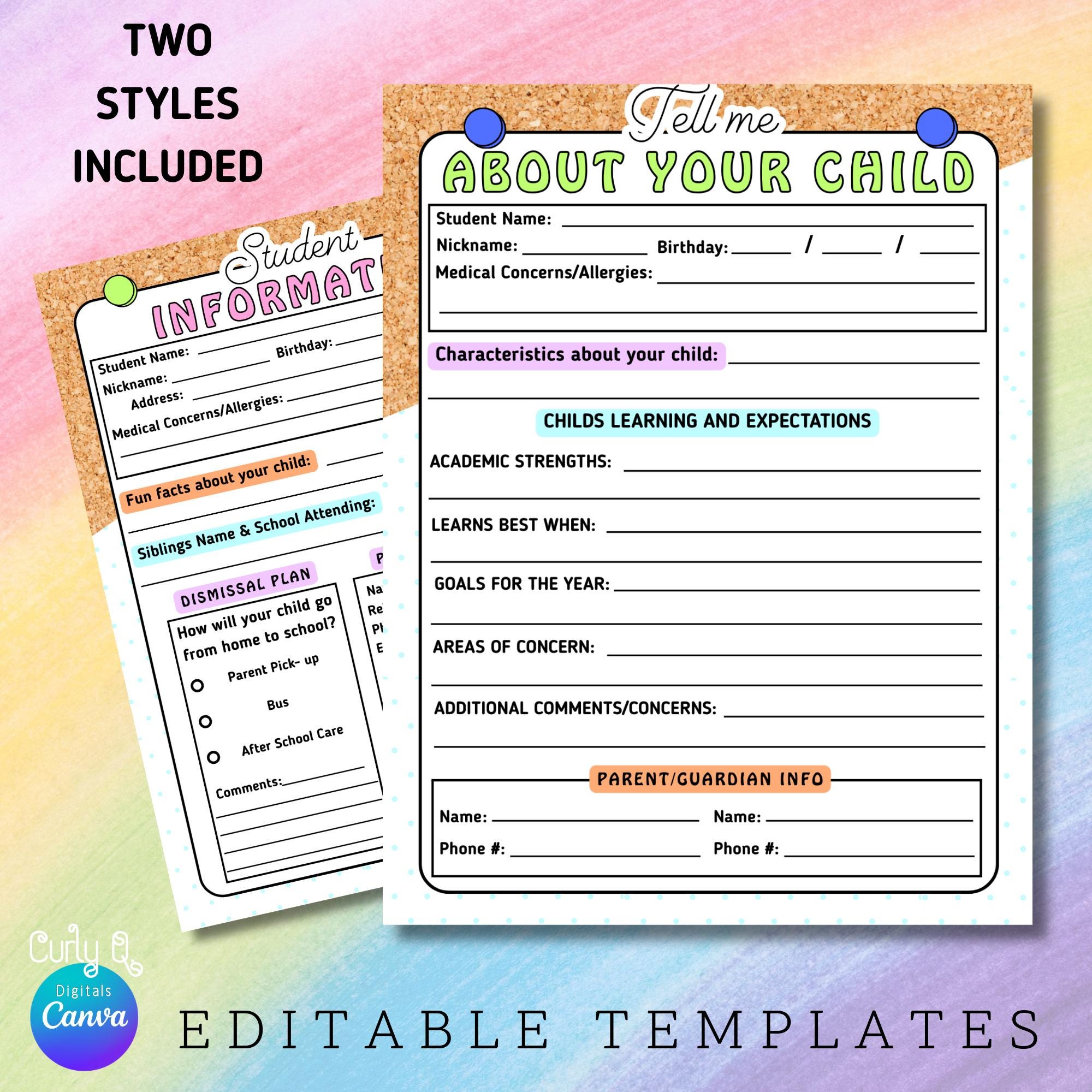 Editable Student Information Sheet Template: Back to School Form (8 ...