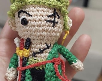 Crochet Roronoa Zoro Amigurumi, One Piece inspiriert Plüschpuppe, Anime Sammlerstück