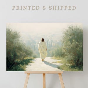 Jesus Walking Ahead on the Path of Peace | Large Christian Art, Minimalist Jesus Painting, Serene Landscape Painting with Jesus