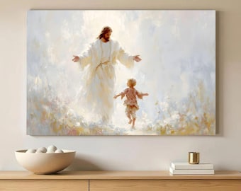 Jesus and Child Canvas for Nursery | Large Christian Wall Art for Kids, Faith-Based Baby Room Decor, Modern Religious Painting