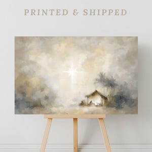 Lienzo abstracto de la Natividad / Arte mural navideño con la Estrella de Belén, pintura del nacimiento de Jesús. Pintura de pesebre en tonos neutros, decoración navideña cristiana.