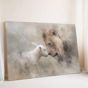 Lion and Lamb Face to Face Canvas | Jesus Peace Art, Gentle Strength Christian Painting, Modern Faith Decor, Neutral Christian Artwork
