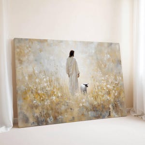 Jesus and the Lost Sheep Canvas | Modern Christian Wall Art, Good Shepherd Painting, He Left The 99 Painting, Psalm 23 Wall Art