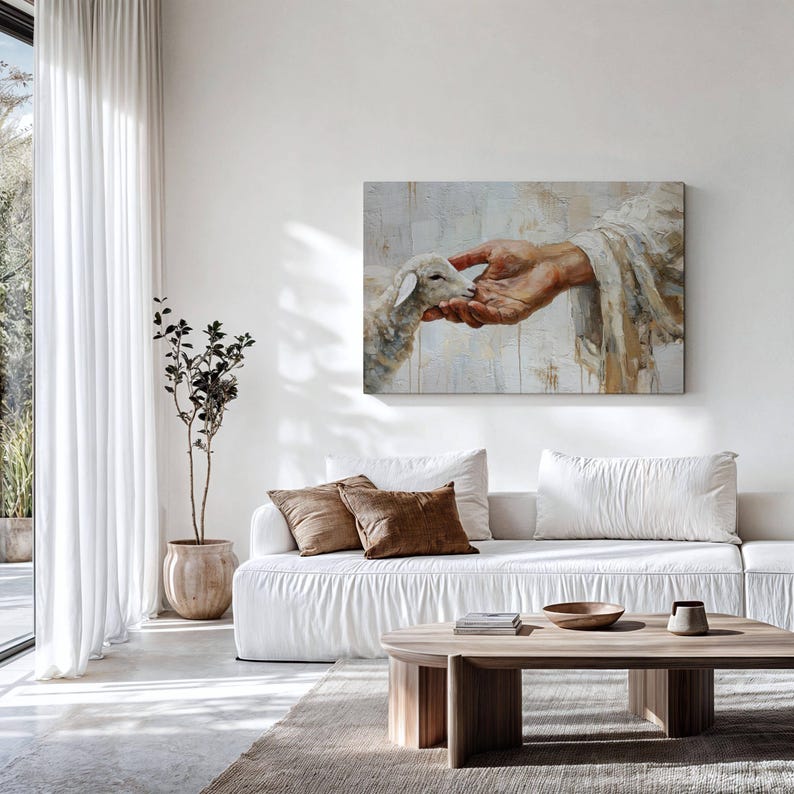 Lost Lamb Painting | Modern Jesus Wall Art, Christian Canvas, He Left The 99 image 8