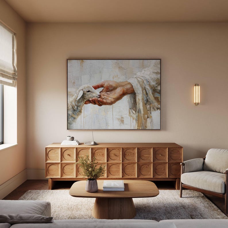 Lost Lamb Painting | Modern Jesus Wall Art, Christian Canvas, He Left The 99 image 7