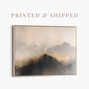 The Hill of Hope | Christian Cross Canvas Wall Art, Neutral Modern Biblical Painting, Framed Christian Landscape Painting for Home Decor