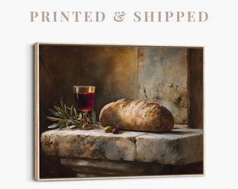 Last Supper Canvas | Vintage Christian Wall Art, Eucharist Bread & Wine Painting, Scripture Artwork