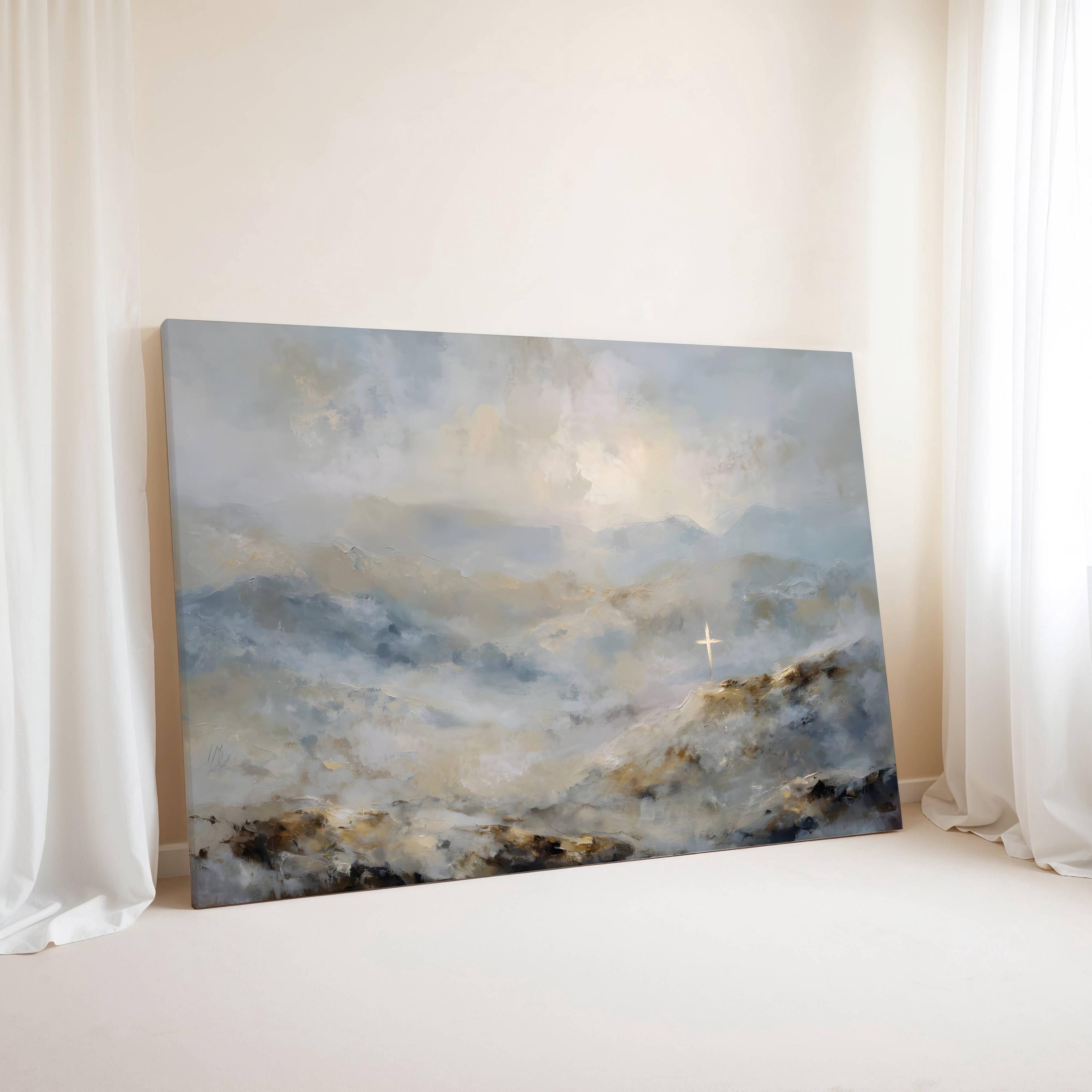 Minimalist Mountain Christian Painting | Blue Modern Cross Painting, Faith-Based Wall Art,  Modern Religious Canvas
