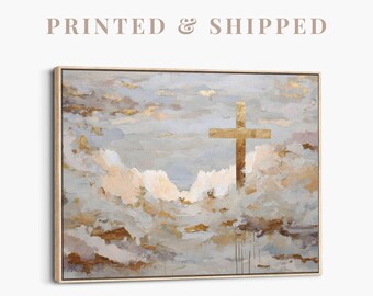 Golden Cross Wall Art | He Is Risen Modern Christian Painting, Jesus Home Decor