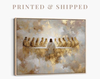 Modern Last Supper Painting | Gold Jesus Wall Art, Christian Home Decor, Framed Catholic Artwork