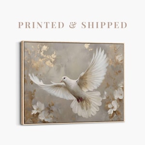 Modern Holy Spirit Painting | Large Christian Dove Canvas, Gold Floral Religious Decor