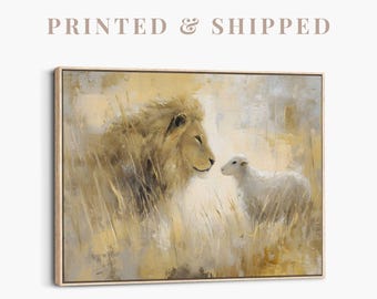Lion and Lamb Painting | Modern Faith Wall Art, Neutral Religious Decor, Christian Artwork