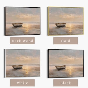 May include: Four framed landscape paintings featuring a small boat on a beach at sunset. The frames are dark wood, gold, white, and black. The text below each painting indicates the frame color.