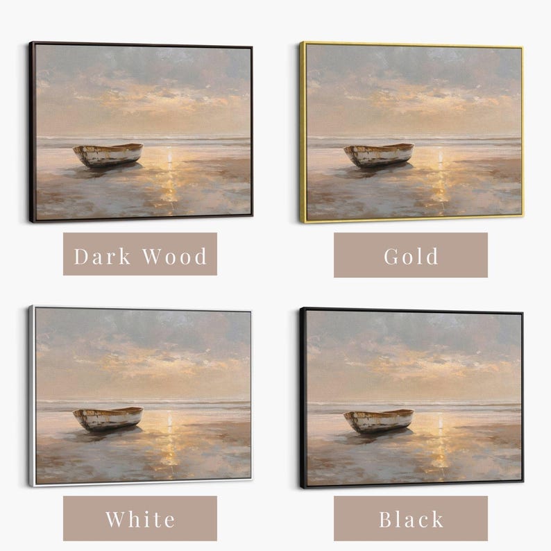 May include: Four framed landscape paintings featuring a small boat on a beach at sunset. The frames are dark wood, gold, white, and black. The text below each painting indicates the frame color.