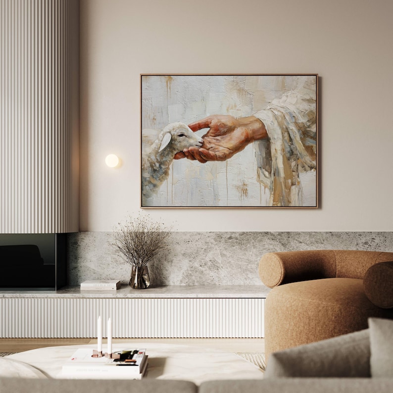 Lost Lamb Painting | Modern Jesus Wall Art, Christian Canvas, He Left The 99 image 2