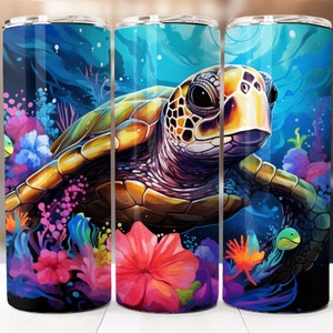 Alcohol Ink Sea Turtle Sublimation Design, 20oz Skinny Tumbler Digital Download PNG, Tumbler Wrap