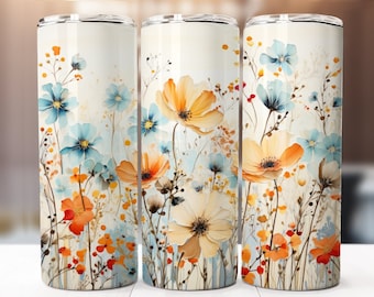 Boho Wildflowers Sublimation Design, 20 oz Skinny Tumbler Digital Download PNG, Boho Flowers Tumbler Wrap