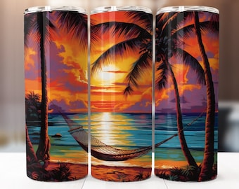 Sunset Beach Tumbler Wrap Sublimation Design, 20oz Skinny Tumbler Digital Download PNG, Tumbler Wrap