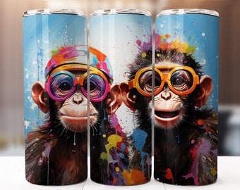 Alcohol Ink Monkeys Sublimation Design, 20oz Skinny Tumbler Digital Download PNG, Tumbler Wrap