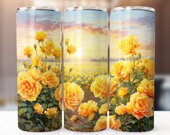 Yellow Roses Sublimation Design, 20oz Skinny Tumbler Digital Download PNG, Tumbler Wrap