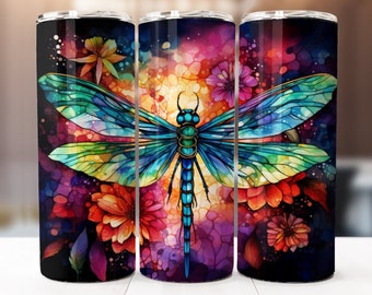 Alcohol Ink Dragonfly Sublimation Design, 20oz Skinny Tumbler Digital Download PNG, Tumbler Wrap