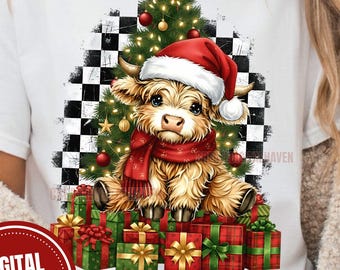 Highland Cow PNG Christmas Highland Cow Sublimation PNG, Cute Checkered Cow Shirt Design, Baby Highland Cow Lover Western PNG Trendy Holiday