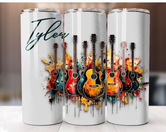 May include: White tumbler with a colorful watercolor design of guitars. The text "Tyler" is written in cursive at the top of the tumbler.
