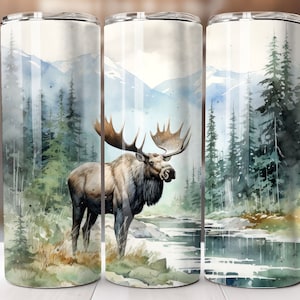 Watercolor Alaska Moose Sublimation Design, 20oz Skinny Tumbler Digital Download, Tumbler wrap png