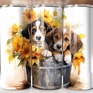 Beagle Puppies Sublimation Design, 20oz Skinny Tumbler Digital Download, Beagles and SunflowersTumbler wrap png, Beagle tumbler wrap