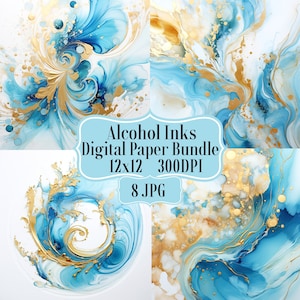 May include: A digital paper bundle featuring four abstract designs with flowing blue, gold, and white alcohol ink textures. The image includes the text "Alcohol Inks Digital Paper Bundle 12x12 300DPI 8 JPG".