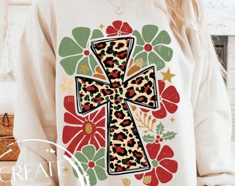 Christmas Boho Floral PNG, Christian Christmas Sublimation Design Digital Download PNG Christian Shirt png, Christmas Cross png
