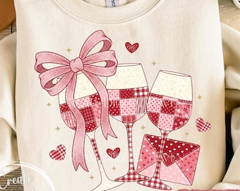Patchwork Valentine Png, Valentine's Day Wine Lover PNG, Coquette Valentine Shirt Design Png, Valentine Wine Sublimation Designs
